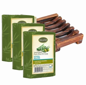 Aloe Extract Herbal Soap Bar, Greek Olive Oil, Hydrating and Moisturising, All Skin Types, Pack of 3 and 1 Soap Dish