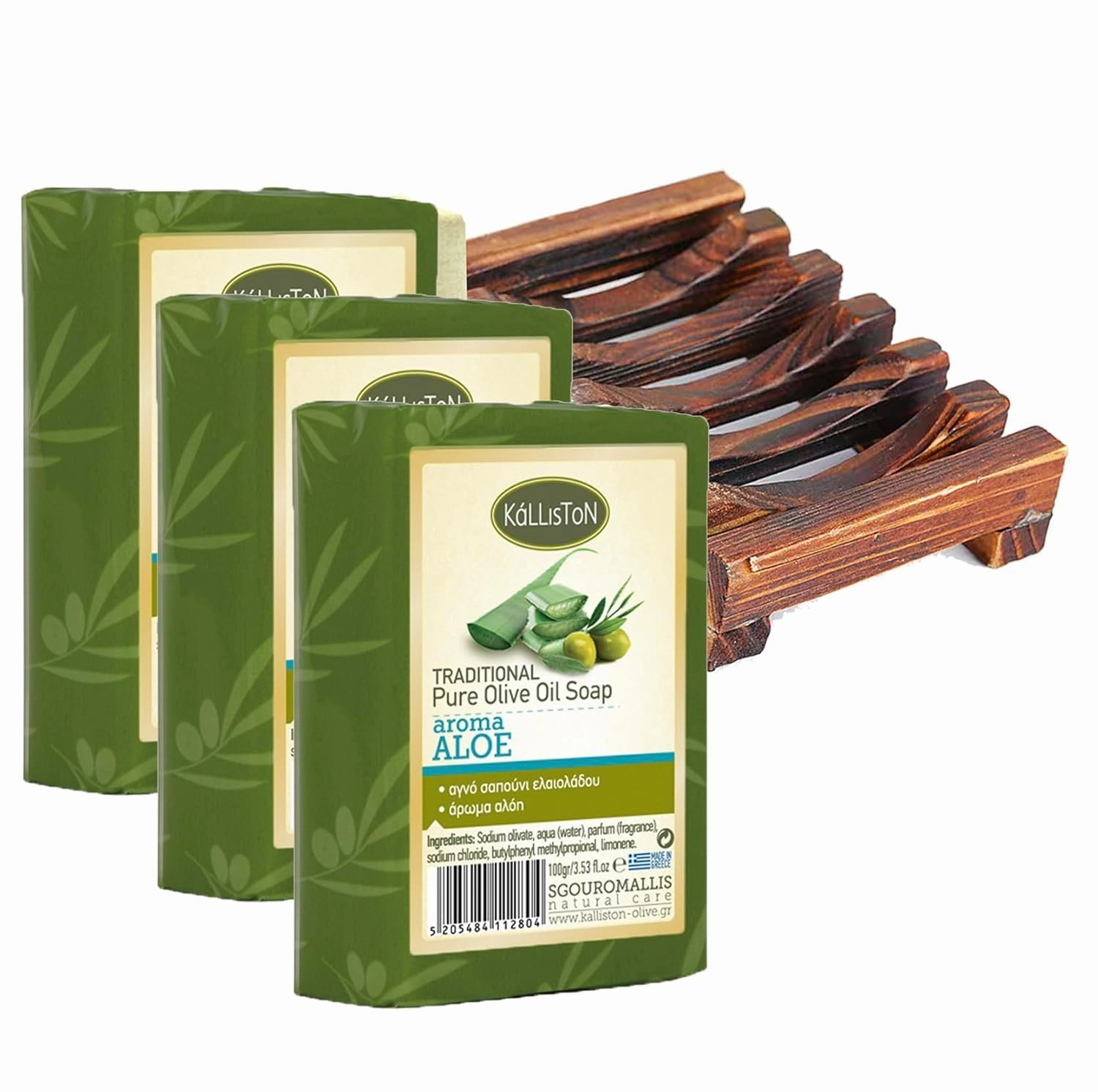 Aloe Extract Herbal Soap Bar, Greek Olive Oil, Hydrating and Moisturising, All Skin Types, Pack of 3 and 1 Soap Dish