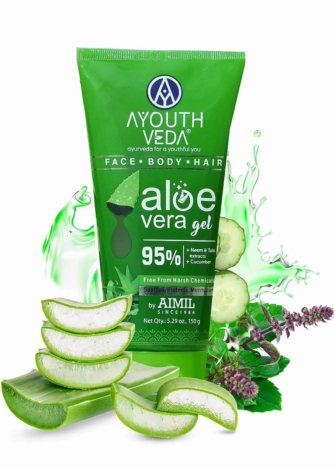 Aloe Vera Gel | Multi Purpose Gel For Face, Body & Hair | Non-Greasy Hydrating formula With Neem, Tulsi & Cucumber Essence | Calms Sunburn & Promotes Even Skin Tone, 150 gm