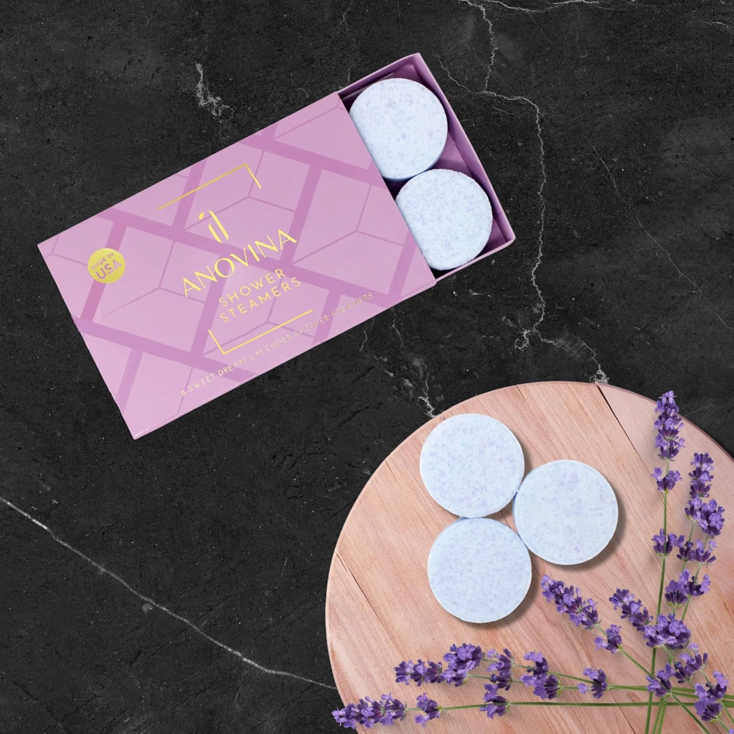 Anovina Lavender Shower Steamers Gift Box – Made in USA with Pure Essential Oils. Aromatherapy Shower Bombs & Self-Care Gift for Women & Men.