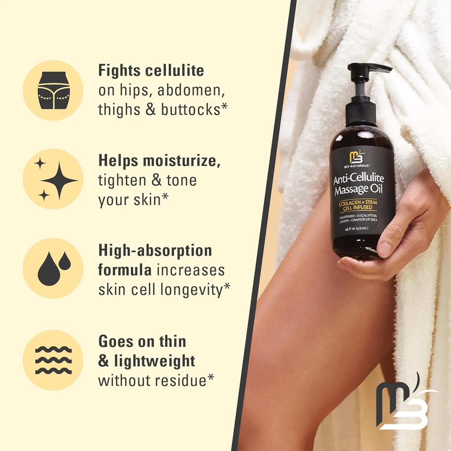 Anti Cellulite Massage Oil - Body Oil and Massage Oil for Massage Therapy | Infused with Collagen and Stem Cell Skin Tightening Cellulite Cream and Massage Lotion for Women 16 Fl Oz by M3 Naturals