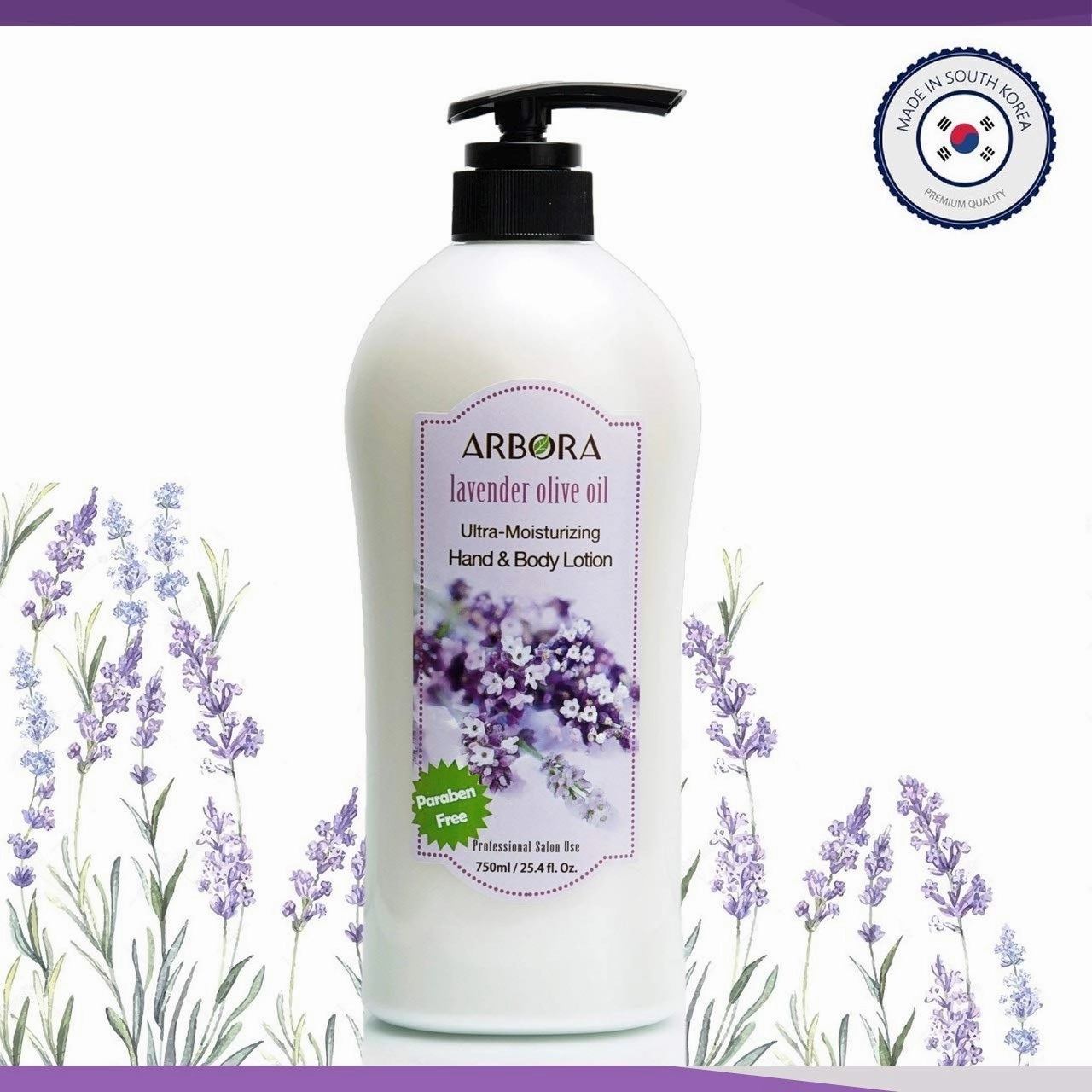 ARBORA Hand & Body Lotion LAVENDER OLIVE 25.4OZ/750ML Paraben Free Natural Ultra-Moisturizing, Professional Massage Lotion Original from Korea