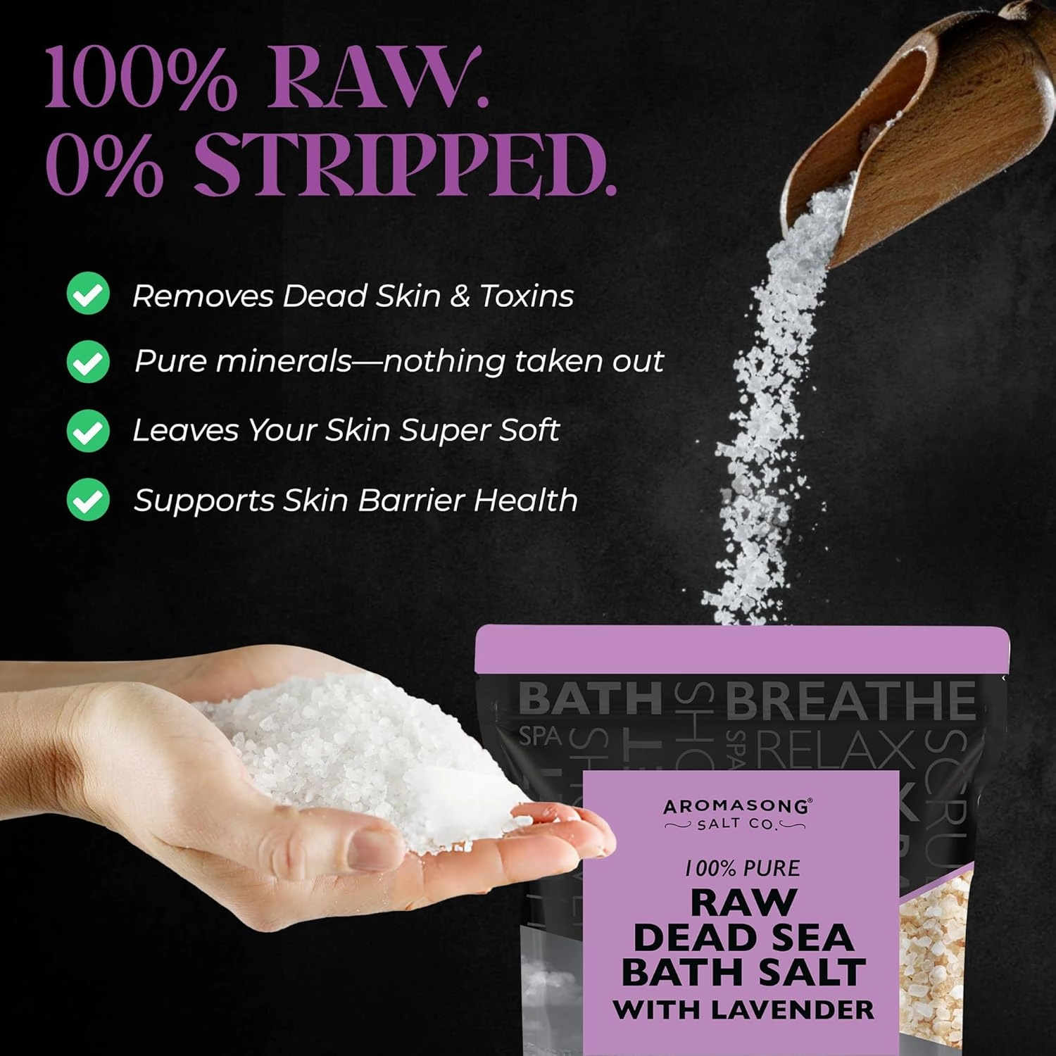 Aromasong RAW Dead Sea Salt with 100% Natural Lavender, 2.43 Lb, Not Cleaned, Still Contains All Dead Sea Minerals Including Dead Sea Mud, Fine Medium Grain Resealable Bulk Pack. (Packaging May Vary)