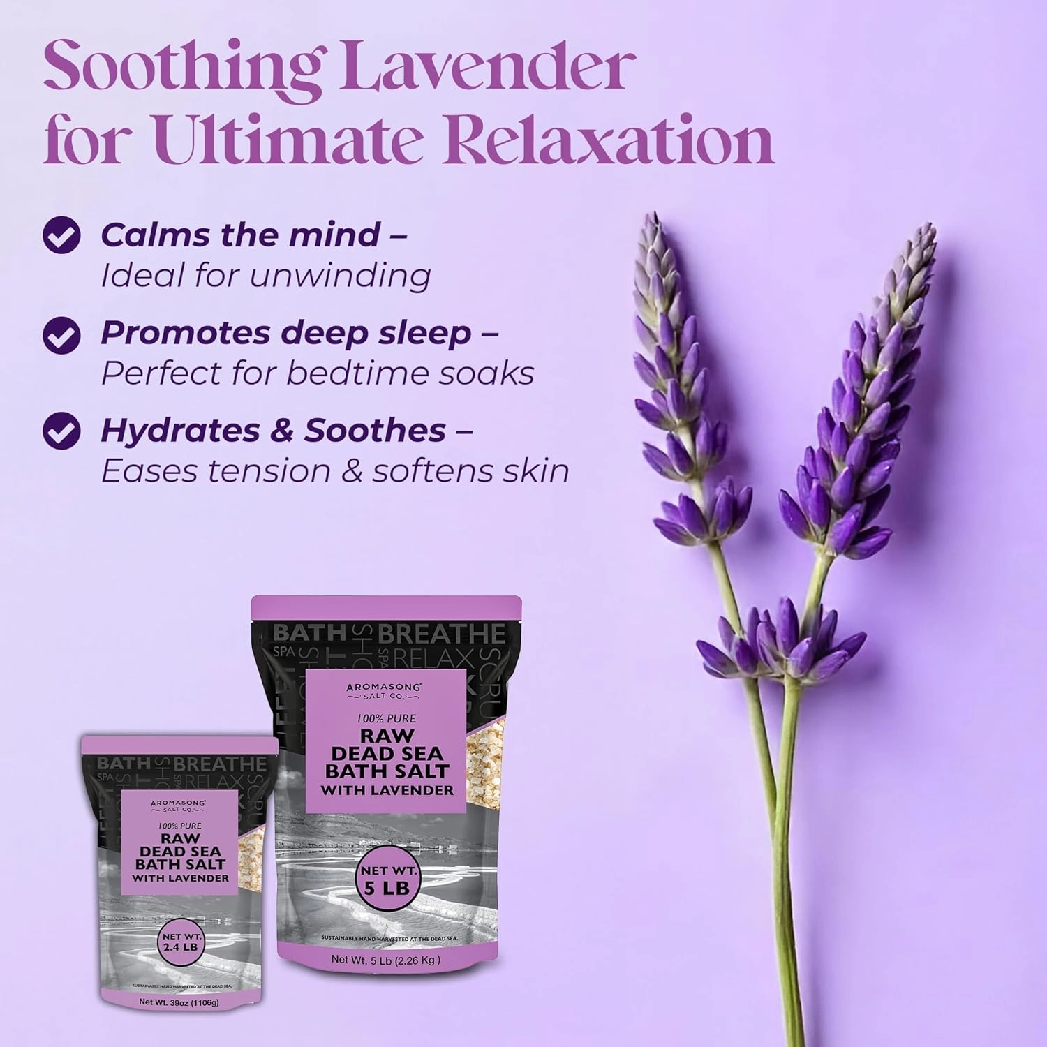 Aromasong RAW Dead Sea Salt with 100% Natural Lavender, 2.43 Lb, Not Cleaned, Still Contains All Dead Sea Minerals Including Dead Sea Mud, Fine Medium Grain Resealable Bulk Pack. (Packaging May Vary)