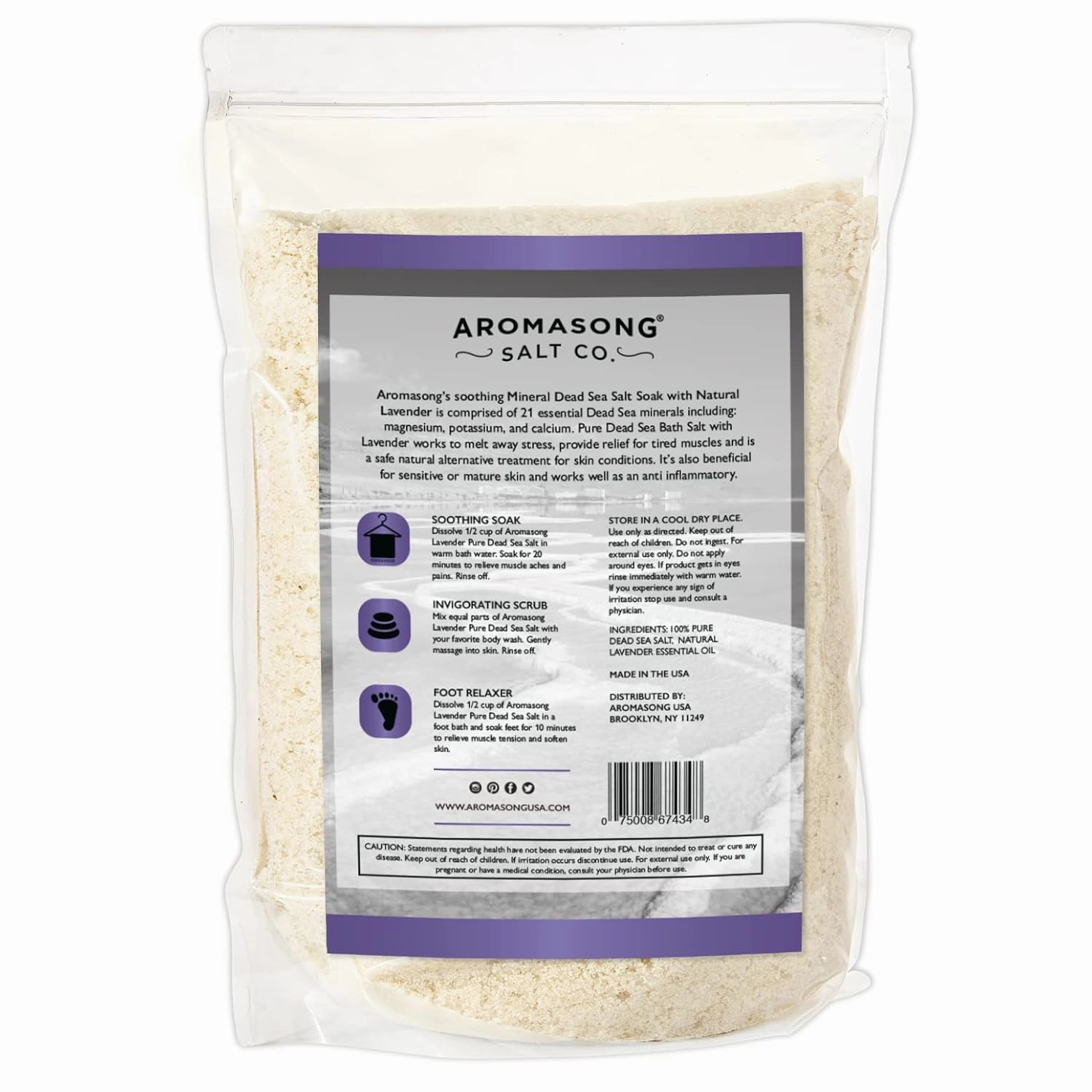 Aromasong RAW Dead Sea Salt with 100% Natural Lavender, 2.43 Lb, Not Cleaned, Still Contains All Dead Sea Minerals Including Dead Sea Mud, Fine Medium Grain Resealable Bulk Pack. (Packaging May Vary)