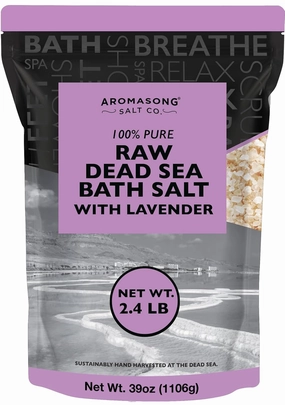 Aromasong RAW Dead Sea Salt with 100% Natural Lavender, 2.43 Lb, Not Cleaned, Still Contains All Dead Sea Minerals Including Dead Sea Mud, Fine Medium Grain Resealable Bulk Pack. (Packaging May Vary)