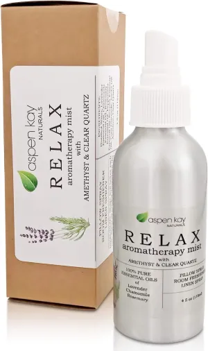 Aromatherapy Spray, Relax & Calming, Made with 100% Pure Lavender & Chamomile Essential Oils. Room & Linen Spray, with Amethyst & Quartz Crystals in Each Bottle. 4 Ounce.