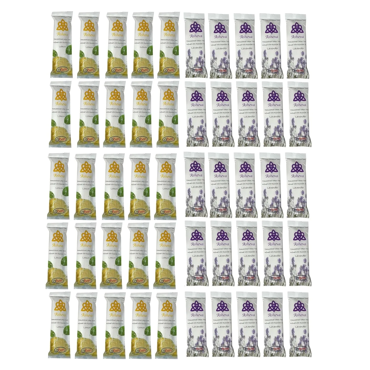 Asheva 8" x 9" Individually Wrapped Oshibori Disposable Towels - Luxurious Moist Cotton Hot/Cold Refreshment Towel - Lavender, Lemon, or Tea Tree Scents - Perfect for Spa, Travel, Dining & Events