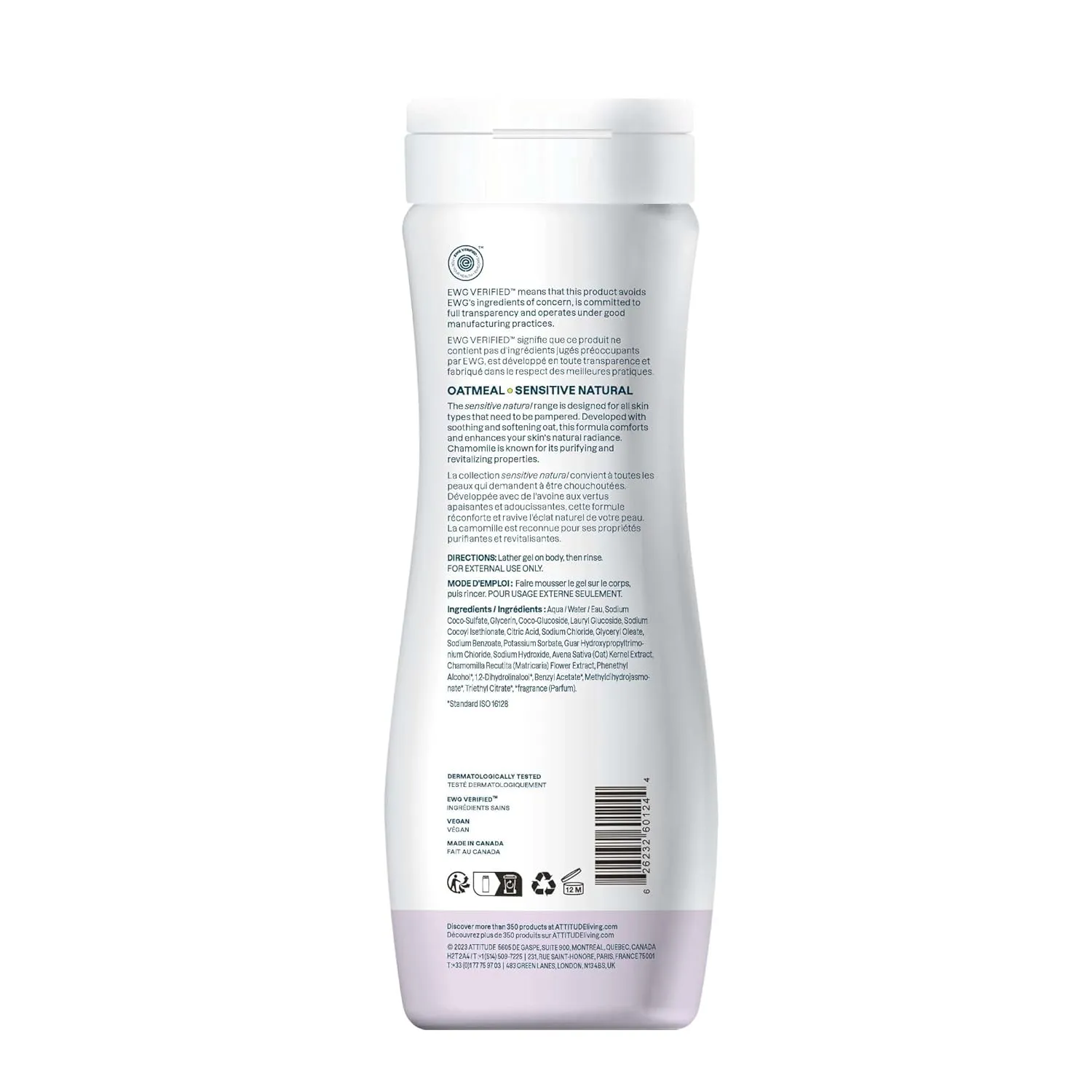 ATTITUDE Body Wash for Sensitive Skin with Oat and Chamomile, EWG Verified, Dermatologically Tested, Vegan, 16 Fl Oz