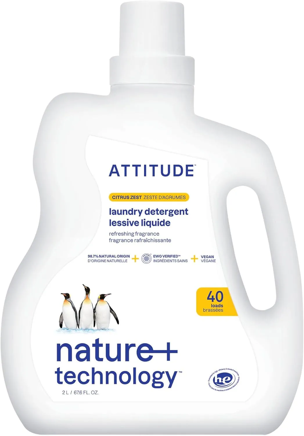 ATTITUDE Liquid Laundry Detergent, EWG Verified Laundry Soap, HE Compatible, Vegan and Plant Based Products, Cruelty-Free, Citrus Zest, 40 Loads, 67.6 Fl Oz