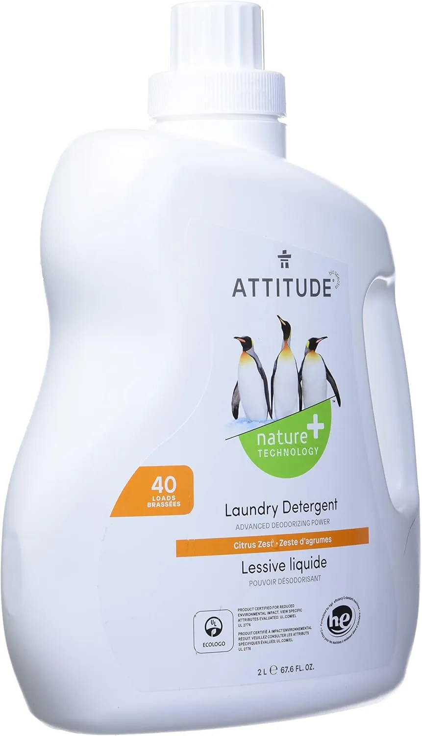 ATTITUDE Liquid Laundry Detergent, EWG Verified Laundry Soap, HE Compatible, Vegan and Plant Based Products, Cruelty-Free, Citrus Zest, 40 Loads, 67.6 Fl Oz