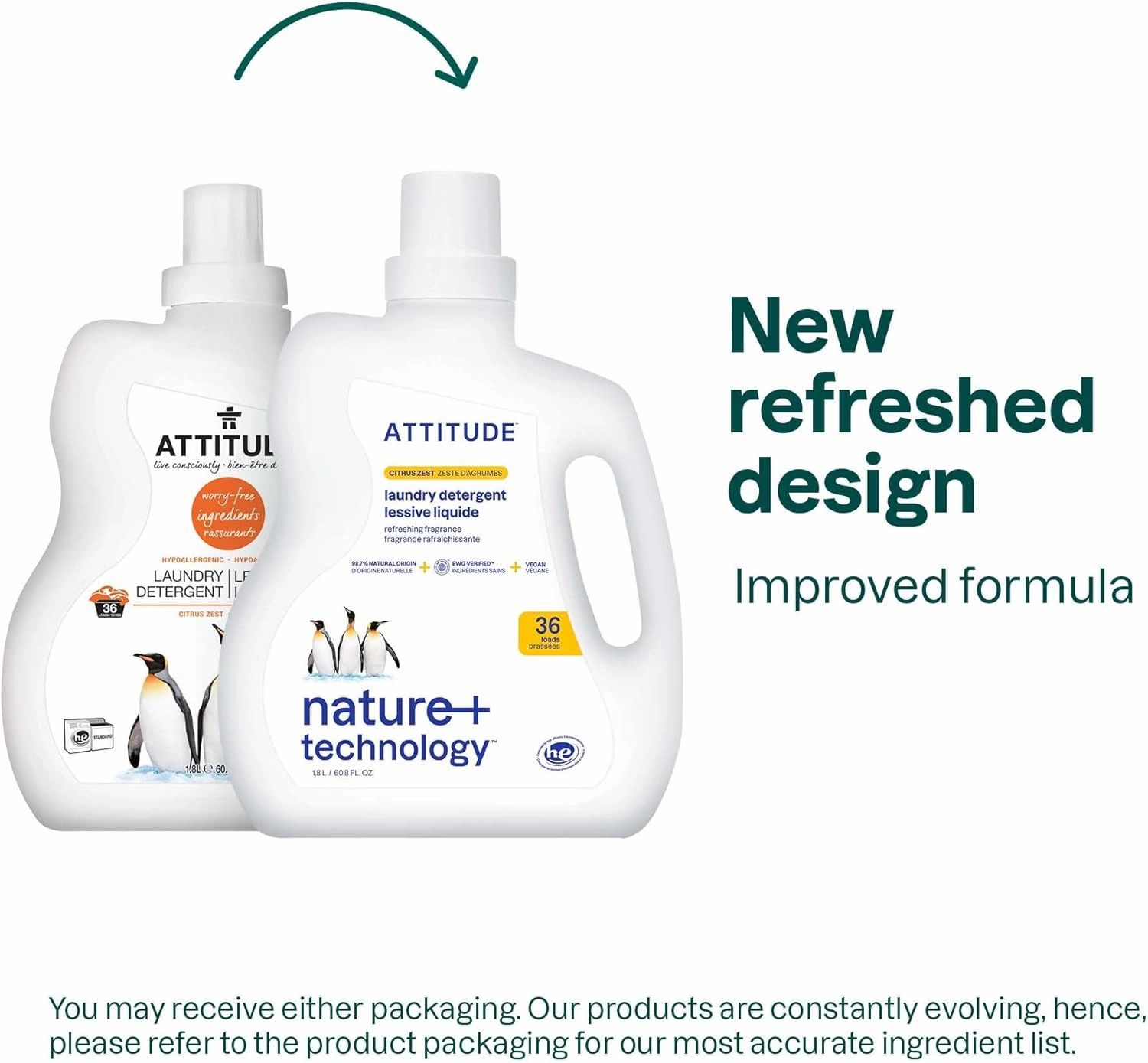 ATTITUDE Liquid Laundry Detergent, EWG Verified Laundry Soap, 36 Loads, HE Compatible, Vegan, Plant Based Products, Cruelty-Free, Citrus Zest, 60.8 Fl Oz