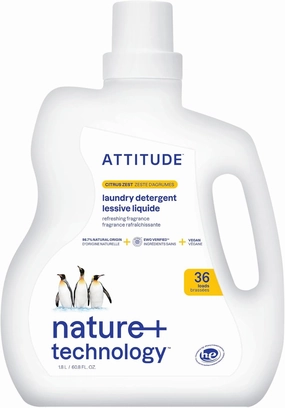 ATTITUDE Liquid Laundry Detergent, EWG Verified Laundry Soap, 36 Loads, HE Compatible, Vegan, Plant Based Products, Cruelty-Free, Citrus Zest, 60.8 Fl Oz