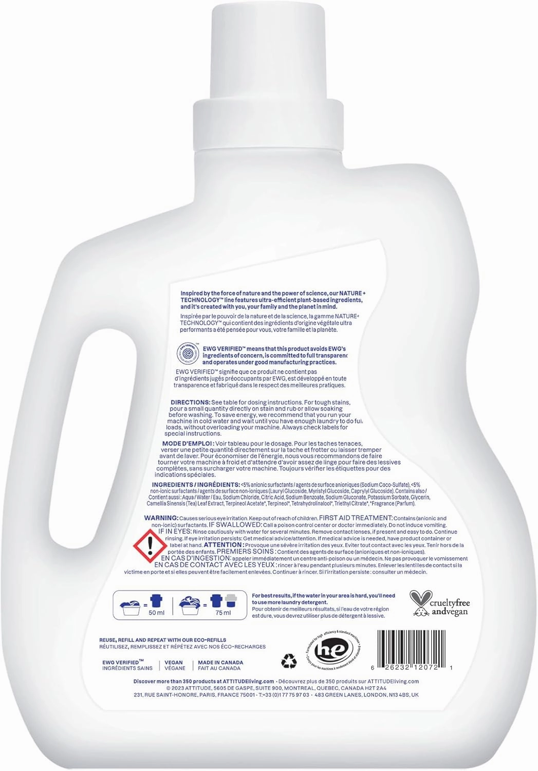 ATTITUDE Liquid Laundry Detergent, EWG Verified Laundry Soap, 36 Loads, HE Compatible, Vegan, Plant Based Products, Cruelty-Free, Citrus Zest, 60.8 Fl Oz