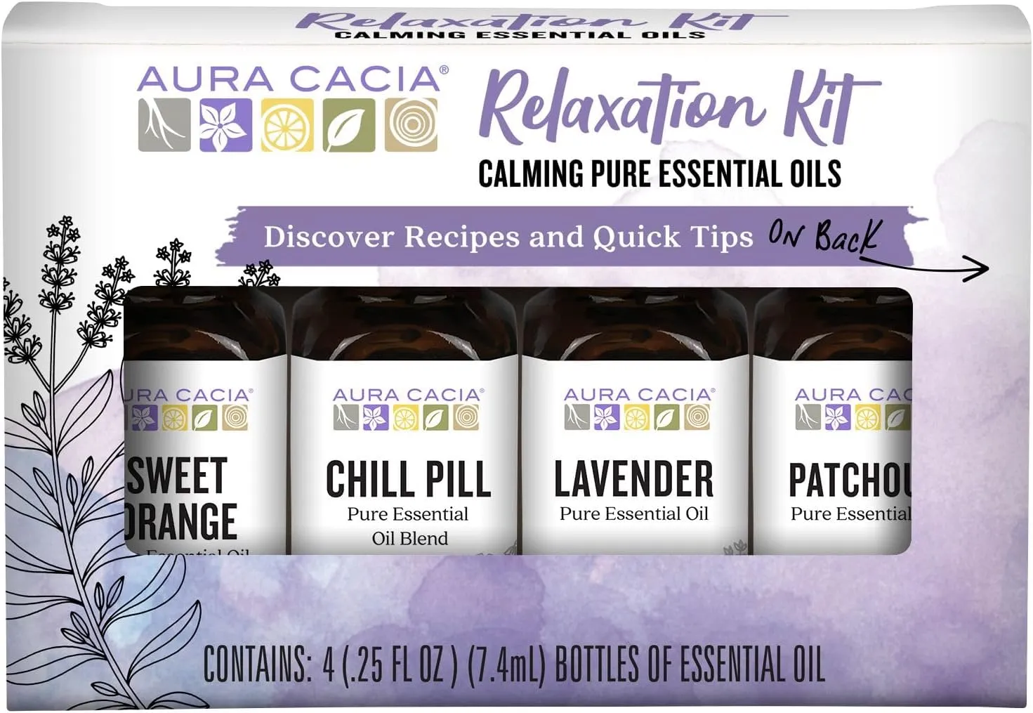 Aura Cacia Essential Oil Relaxation Kit, 4-Pack, Lavender, Patchouli, Sweet Orange, Chamomile, Sweet Basil & Learning Guide