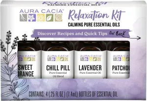 Aura Cacia Essential Oil Relaxation Kit, 4-Pack, Lavender, Patchouli, Sweet Orange, Chamomile, Sweet Basil & Learning Guide