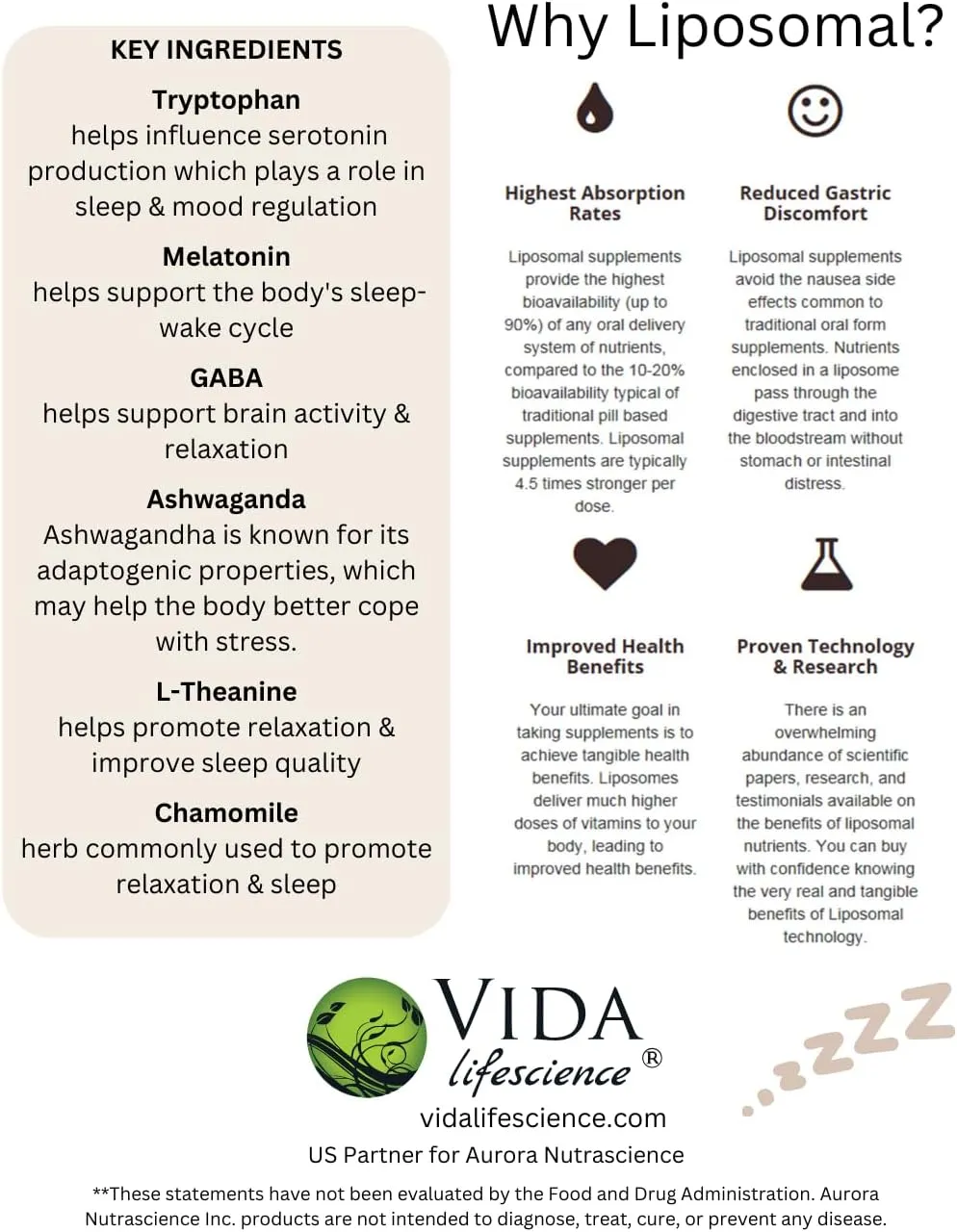 Aurora Nutrascience Ultra-Liposomal Sleep Support, 3 mg Melatonin, L-Theanine, Ashwagandha and Chamomile Flower Extract Sleep Aid, 10 fl oz (300mL)