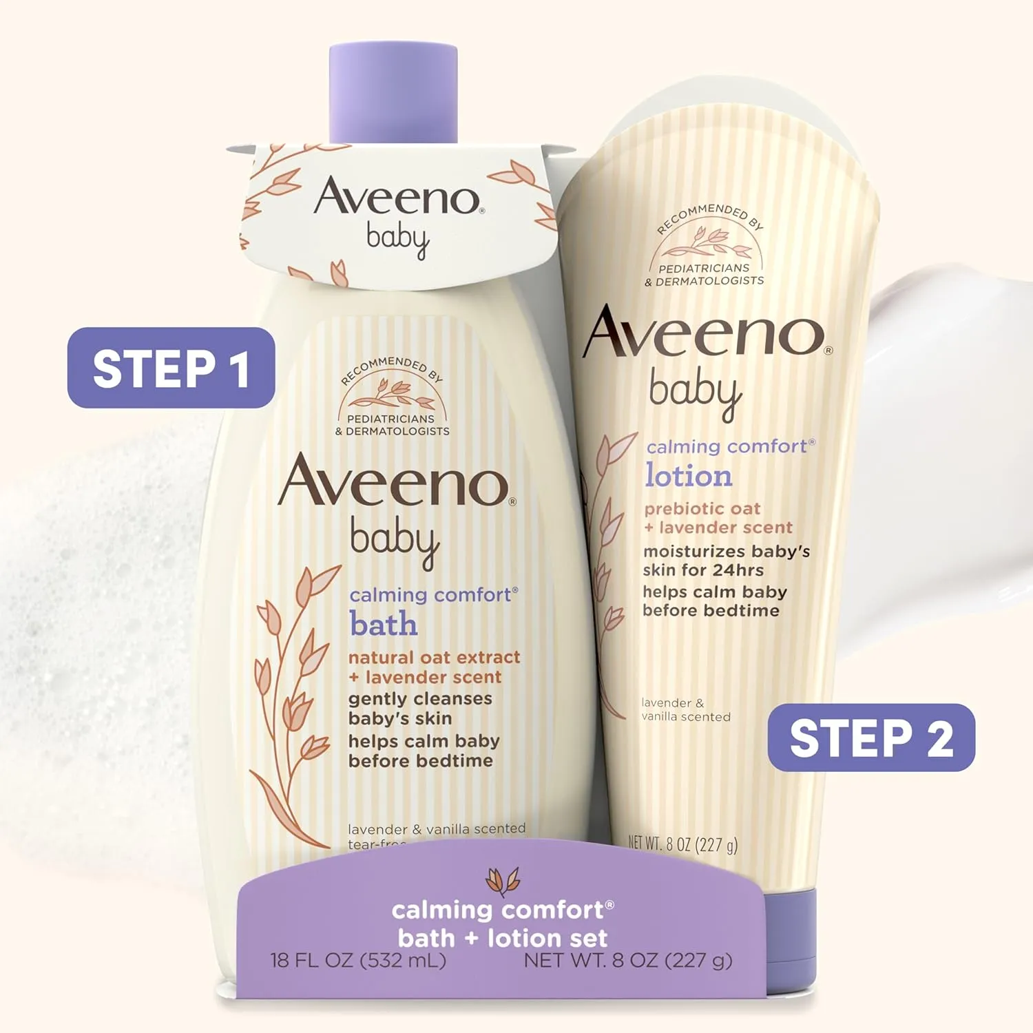 Aveeno Baby Calming Comfort Bath & Lotion Set, Nighttime Baby Skin Care Products with Natural Oat, Lavender & Vanilla Scents, Paraben-, Phthalate- & Phenoxyethanol-Free, 2 Items