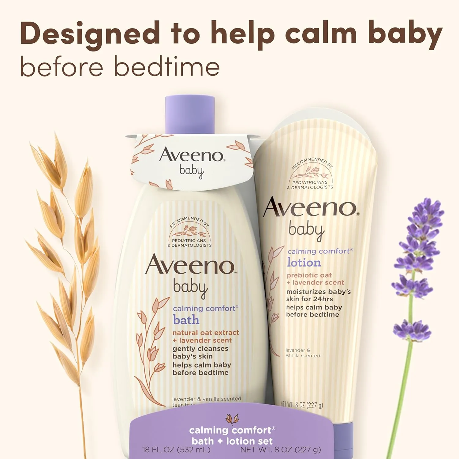 Aveeno Baby Calming Comfort Bath & Lotion Set, Nighttime Baby Skin Care Products with Natural Oat, Lavender & Vanilla Scents, Paraben-, Phthalate- & Phenoxyethanol-Free, 2 Items