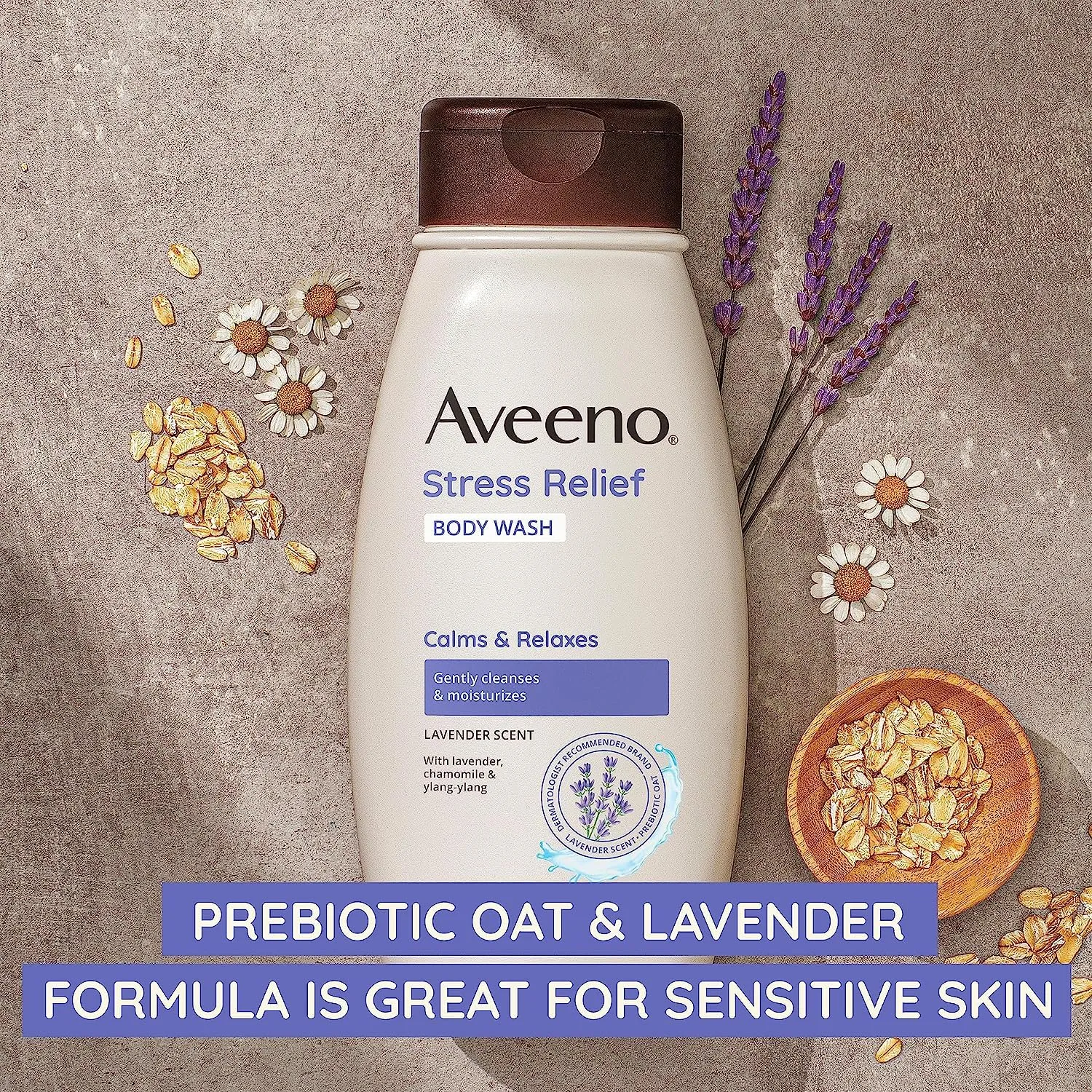 Aveeno Stress Relief Body Wash with Nourishing Oat & Lavender Scent for Sensitive Skin, Gently Cleanses & Helps You Feel Calm & Relaxed in the Shower, Soap-Free, 33 fl. oz
