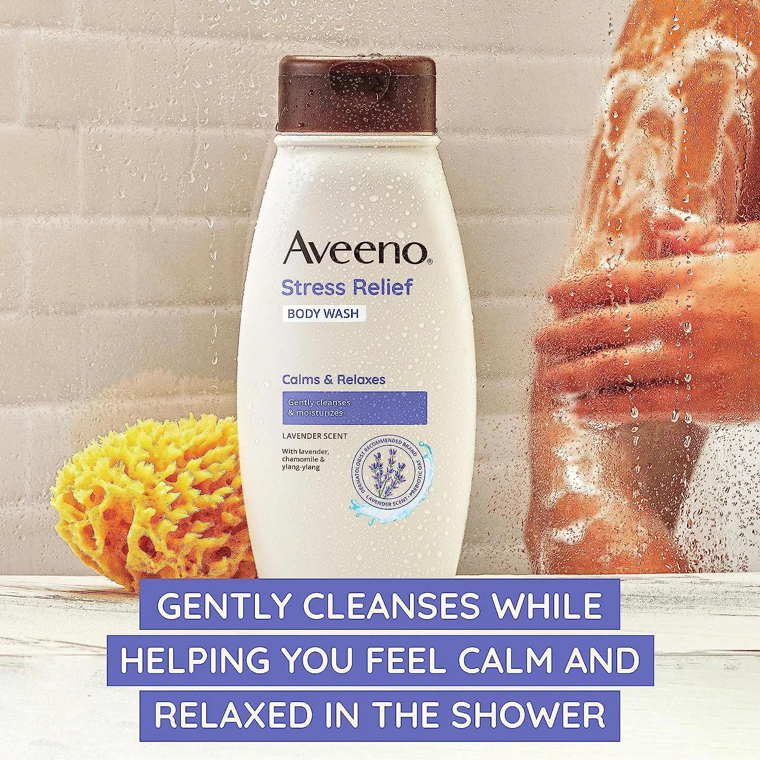 Aveeno Stress Relief Body Wash with Nourishing Oat & Lavender Scent for Sensitive Skin, Gently Cleanses & Helps You Feel Calm & Relaxed in the Shower, Soap-Free, 33 fl. oz
