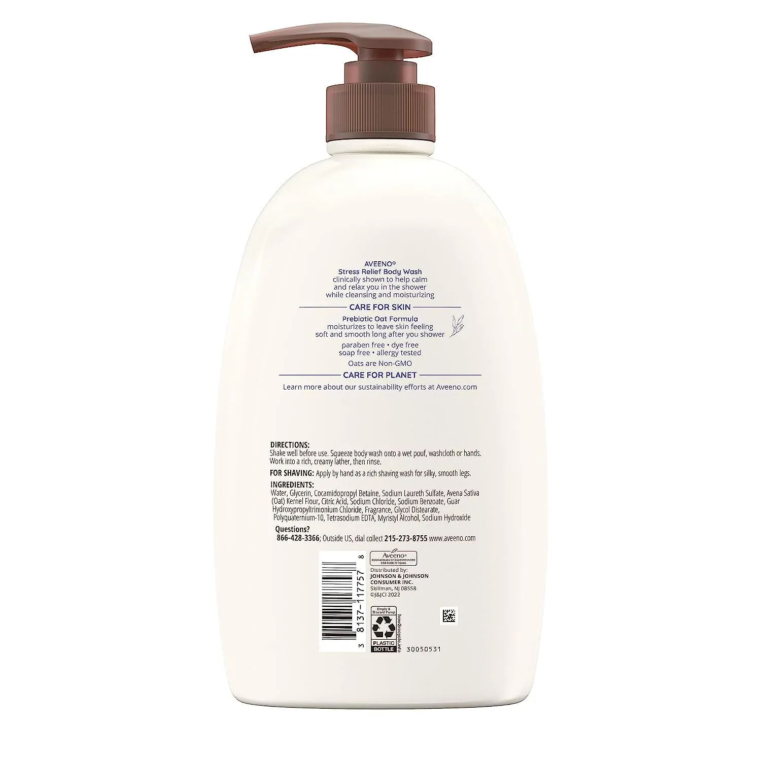 Aveeno Stress Relief Body Wash with Nourishing Oat & Lavender Scent for Sensitive Skin, Gently Cleanses & Helps You Feel Calm & Relaxed in the Shower, Soap-Free, 33 fl. oz