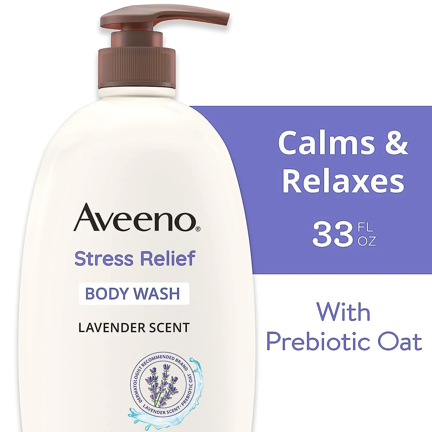 Aveeno Stress Relief Body Wash with Nourishing Oat & Lavender Scent for Sensitive Skin, Gently Cleanses & Helps You Feel Calm & Relaxed in the Shower, Soap-Free, 33 fl. oz