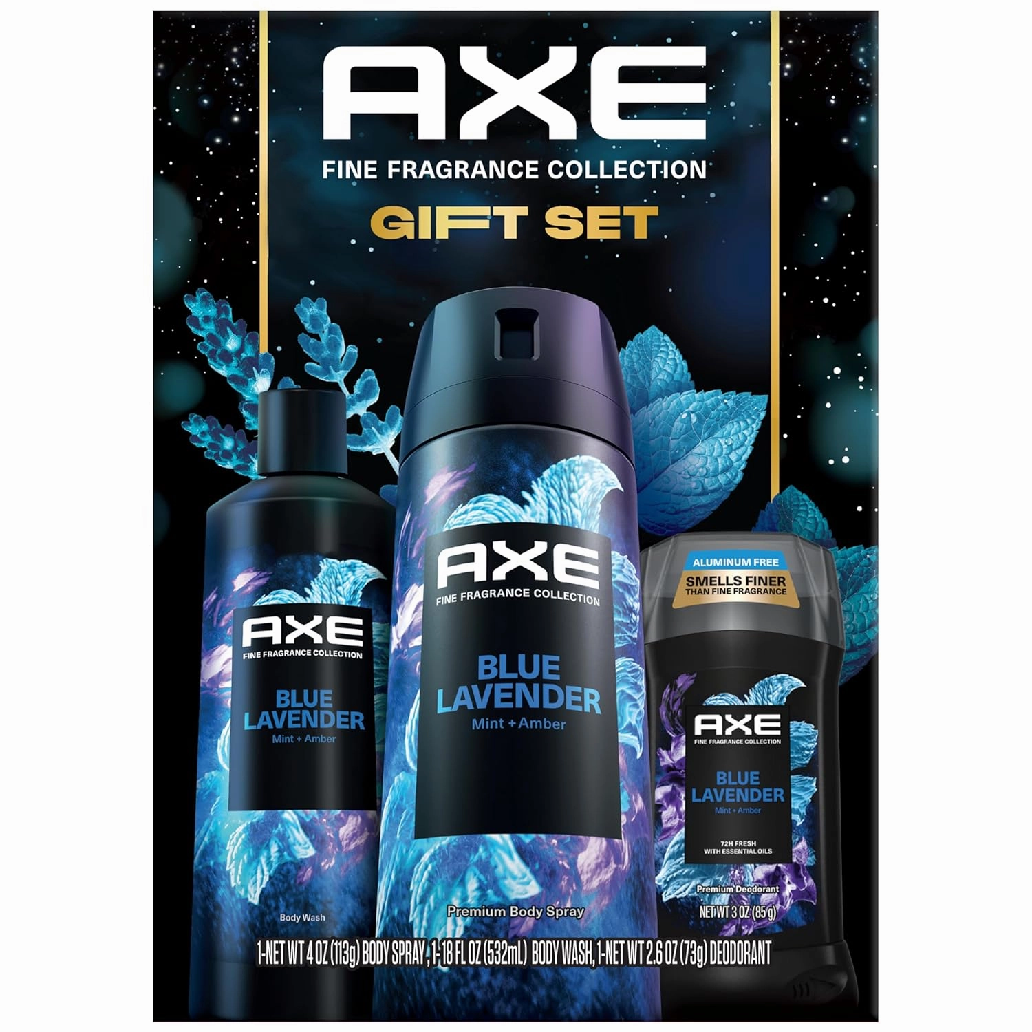 AXE Blue Lavender Gift Set for Men – Men’s Body Wash, Body Spray & Deodorant, Fine Fragrances Collection, Mint & Amber (3 Piece Set)