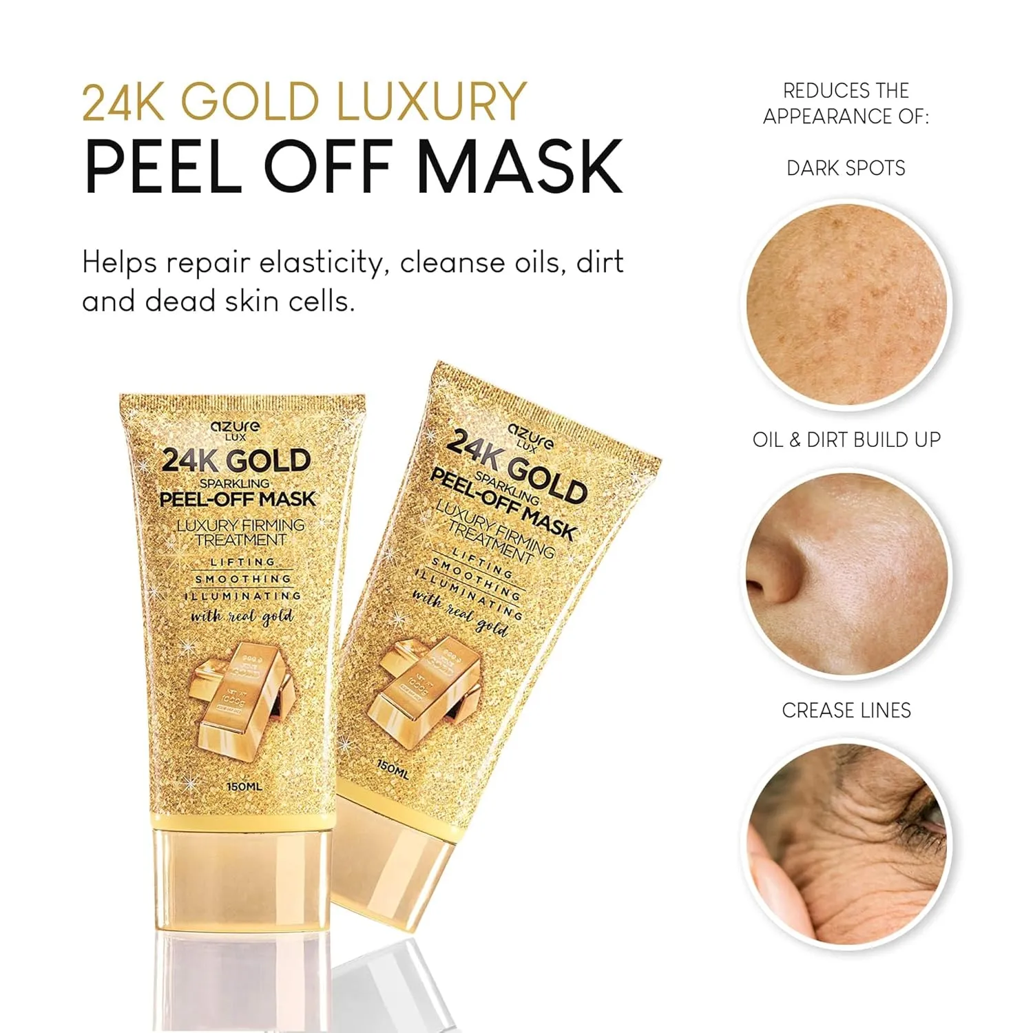 AZURE 24K Gold Firming Peel Off Face Mask - Anti Aging, Lifting, Illuminating & Revitalizing - Removes Blackheads, Dirt & Oil with Hyaluronic Acid & Collagen - Korean Skin Care - 150 mL - Pack of 2