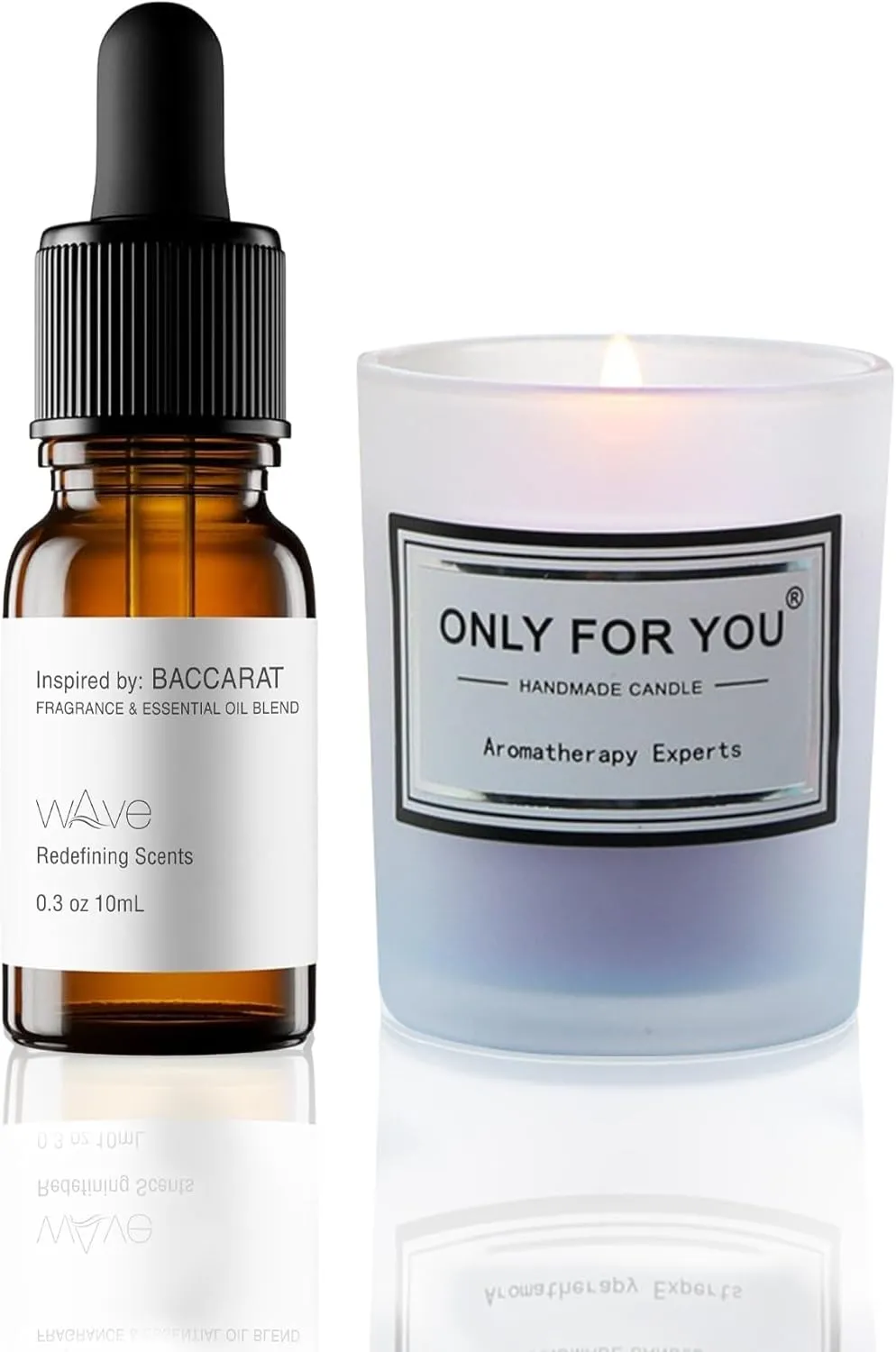 Baccarat-Inspired Fragrance & Essential Oil Blend - Saffron, Amberwood, Cedar - 0.3 fl oz, 10 mL with Lavender Candle - Aromatherapy for All Diffusers