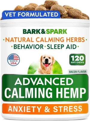 Bark&Spark Advanced Calming Chews for Dogs - Anxiety Relief Treats - Melatonin   Hemp Oil - Separation Aid - Stress Relief During Fireworks, Storms, Thunder - Aggressive Behavior - SmokyBacon (120ct)