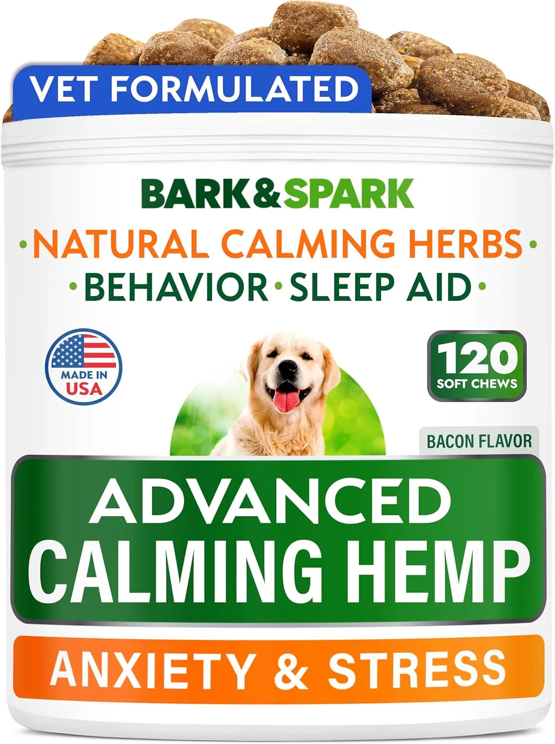 Bark&Spark Advanced Calming Chews for Dogs - Anxiety Relief Treats - Melatonin   Hemp Oil - Separation Aid - Stress Relief During Fireworks, Storms, Thunder - Aggressive Behavior - SmokyBacon (120ct)