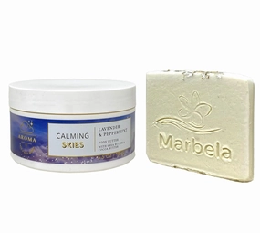 Bath & Body Works Aroma Calming Skies Lavender Peppermint Body Butter with a Natural Oats Sample Soap