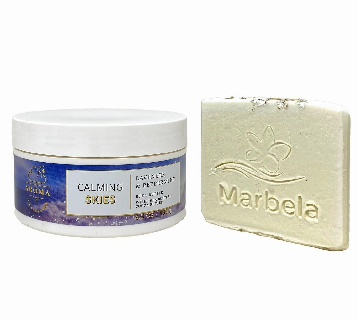 Bath & Body Works Aroma Calming Skies Lavender Peppermint Body Butter with a Natural Oats Sample Soap