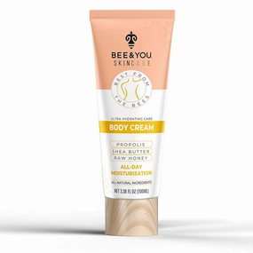BEE and YOU Ultra Hydrating Body Cream Moisturizer, Shea Butter, Argan Oil, Vitamin B5, Raw Honey and Propolis Extract, 100% Natural, Fast Absorbing Skin Care, 3.38 fl. Oz