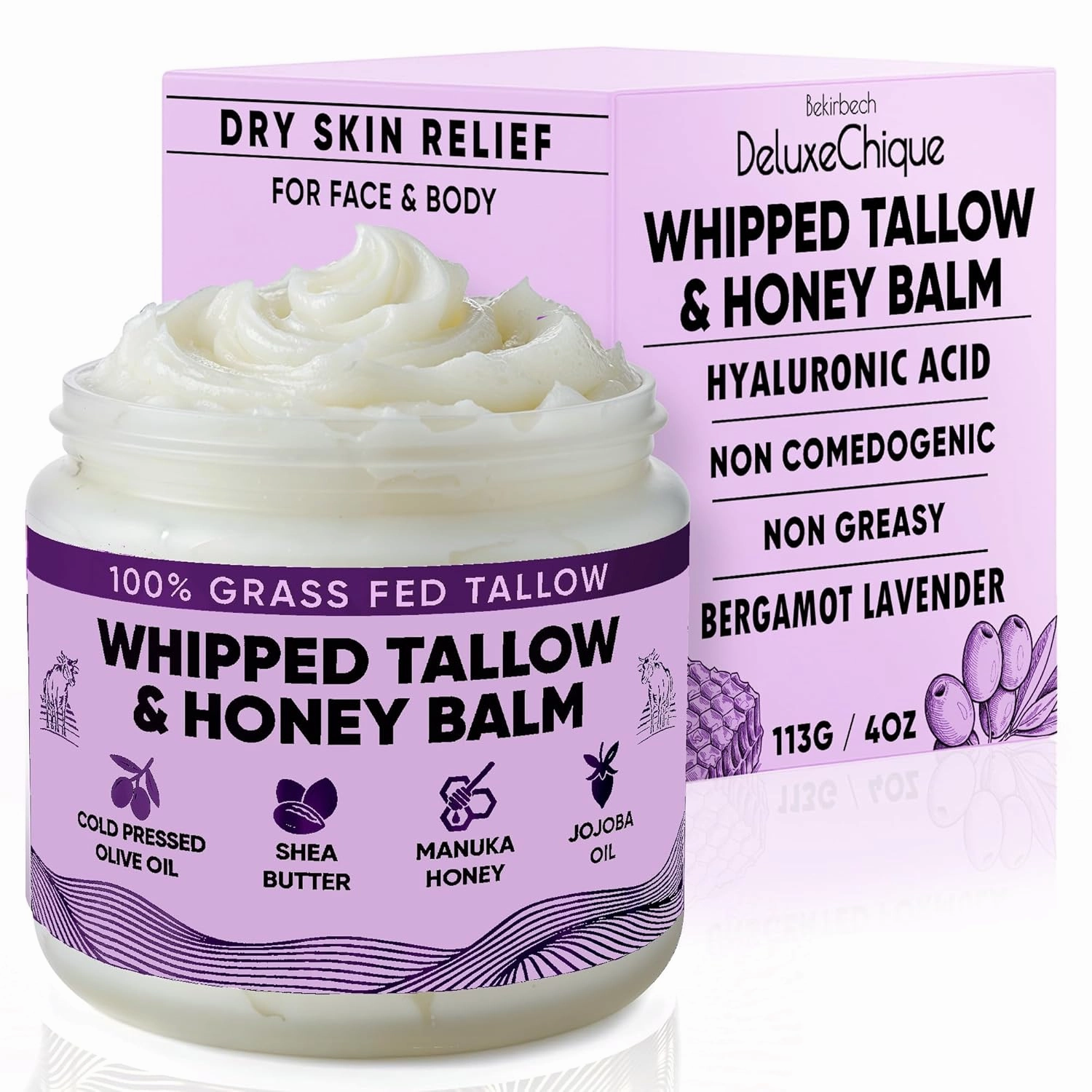 Beef Tallow for Skin, Grass-Fed Beef Tallow Face Moisturizer & Body Lotion, Whipped Tallow Balm for Soft, Smooth Skin, Cebo de Res para la Cara, sebo de res para la cara (4 oz, Bergamot Lavender)