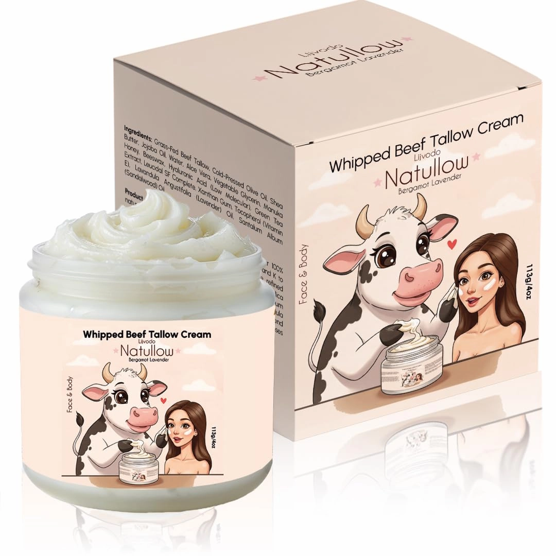 Beef Tallow for Skin, Grass-Fed Beef Tallow Face Moisturizer & Body Lotion, Whipped Tallow Balm for Soft, Smooth Skin, sebo de res para la cara (4 oz, Bergamot Lavender)