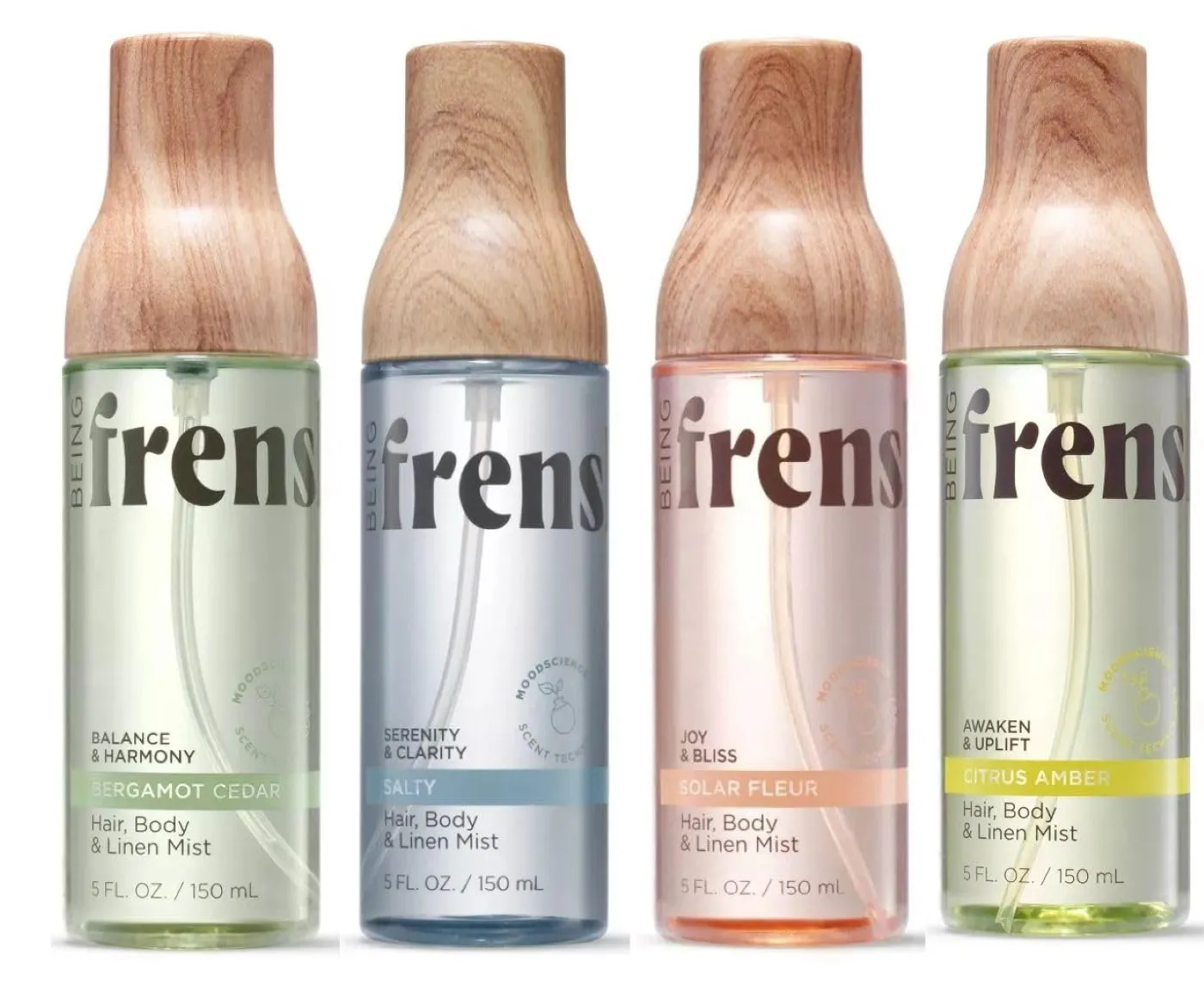 Being Frenshe Hair, Body & Linen Mist Body Spray with Essential Oils - 5 fl oz (Bergamont Cedar,Salty,Solar Fleur,Citrus Amber (Pack of 4)