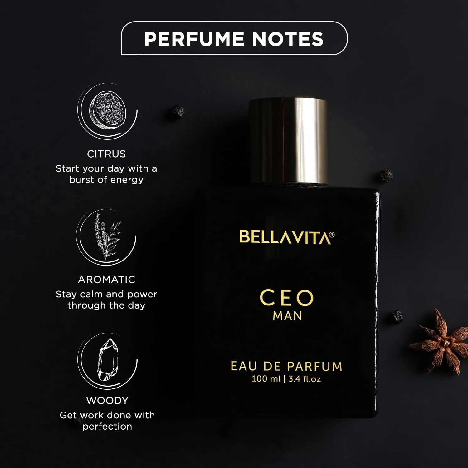 BellaVita Luxury CEO Man Perfume for Men (3.38 fl.oz) | Long-Lasting Men's Perfume with Lemon, Lavender, Tonka & Agarwood Fragrance for Man | CEO Parfum for Men | Vegan & Cruelty-Free Fragrance