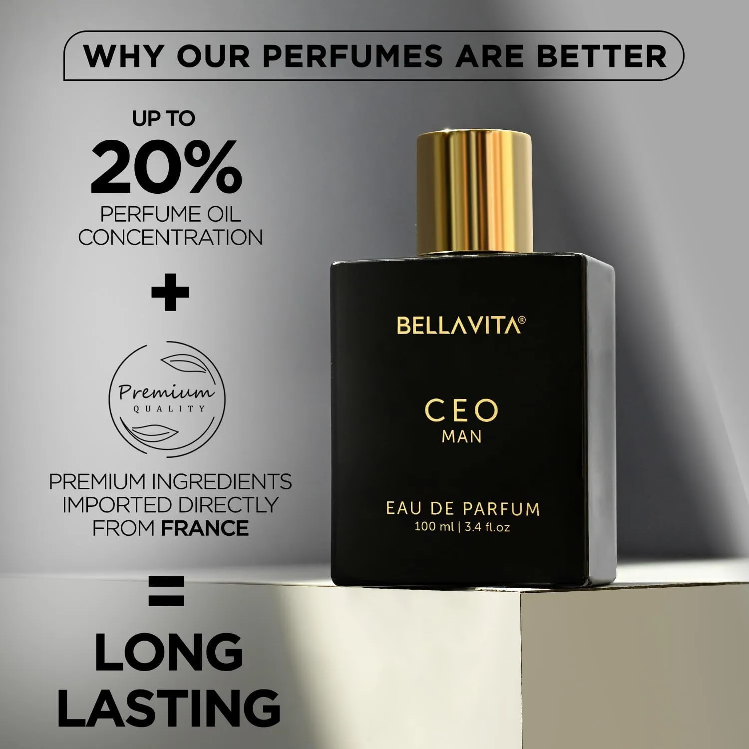 BellaVita Luxury CEO Man Perfume for Men (3.38 fl.oz) | Long-Lasting Men's Perfume with Lemon, Lavender, Tonka & Agarwood Fragrance for Man | CEO Parfum for Men | Vegan & Cruelty-Free Fragrance