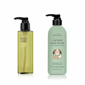 BEYOND Lacvert Body Scrub Peeling Gel (Green Tea, 10.1fl oz) - Body Wash & Shower Gel for Gentle Exfoliation Home Spa. & Phytoganic Facial Cleansing Foam (6.8fl oz) - Vegan Formula Korean Skin Care.