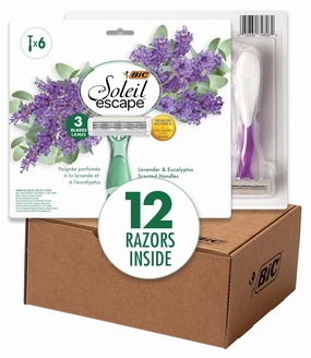 BIC Soleil Escape Women's Disposable 3 Blade Razors, Lavender & Eucalyptus Scented Handles, Perfect for Bikini Line and Pubic Hair, 12-Pack