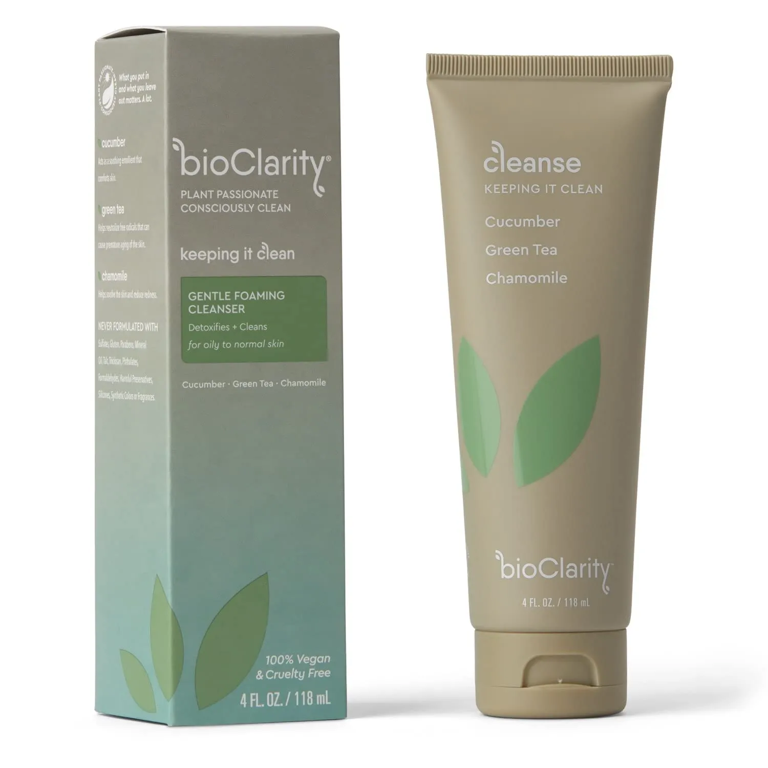BioClarity Face Cleanser | 100% Vegan, Gentle Wash with Cucumber, Green Tea, and Chamomile, for Sensitive Oily Skin. Natural Ingredients (4 Fl Oz)