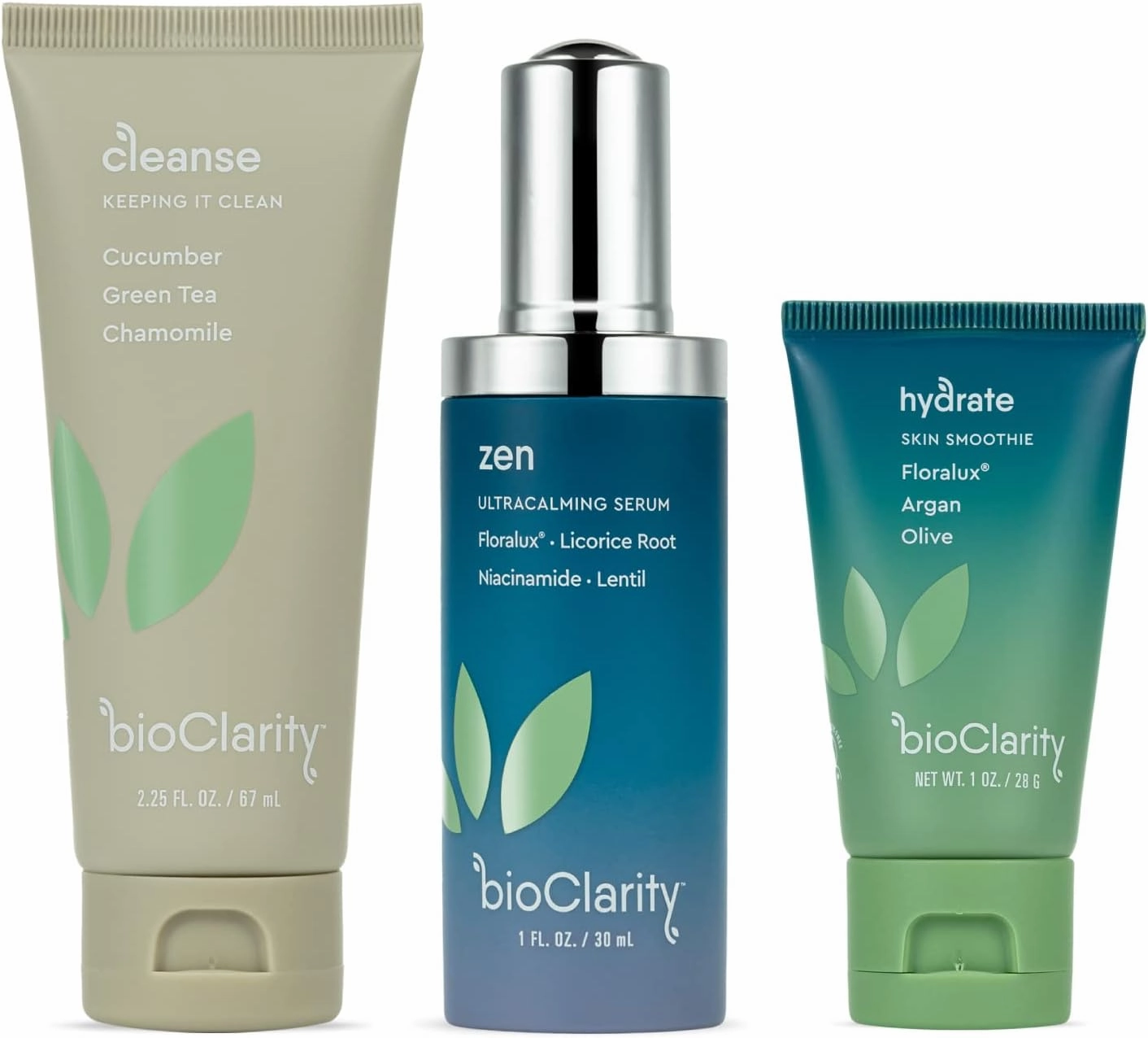 BioClarity 3-Step Ultra Calming Routine for Redness-Prone Skin | 100% Vegan | Gentle Clean and Hydrate Face | Contains Cucuber, Green Tea, Chamomile, Floralux, Vitamin B3, Lentil, Argan, Olive