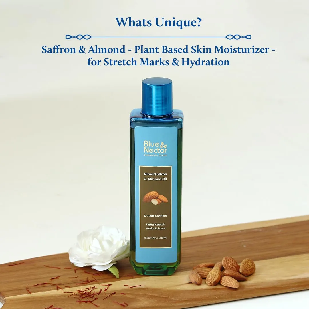 Blue Nectar Saffron & Almond Oil, Ayurveda Product for Crepey Skin | Skin Firming Body Oil for Stretch Marks (12 Herbs, 3.38 Fl Oz)