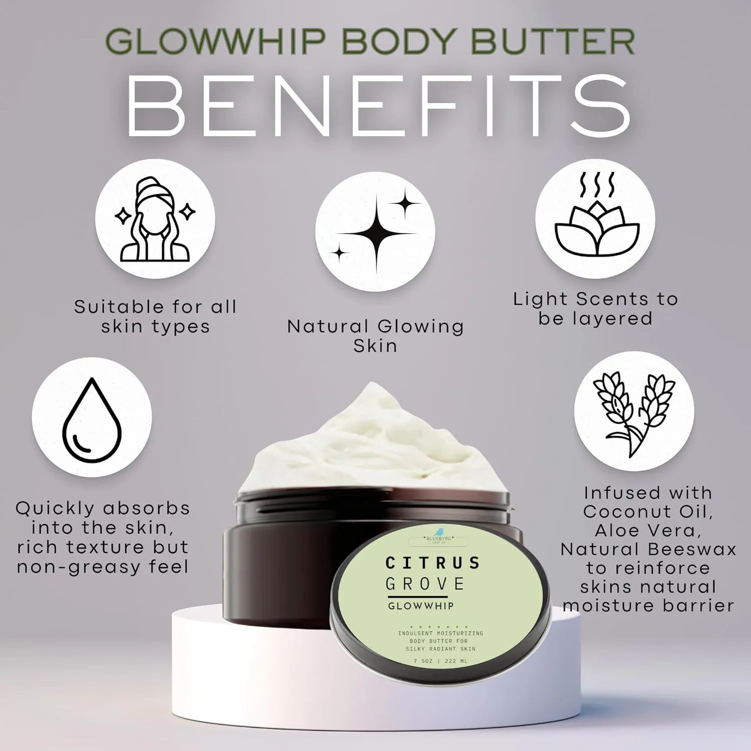 BLUEBYRD Glowwhip Body Butter – Oatmeal Milk & Honey | Ultra-Hydrating Whipped Moisturizer with Coconut Oil & Vitamin E | Fast-Absorbing, Non-Greasy Formula for Soft, Smooth Skin | 8 oz