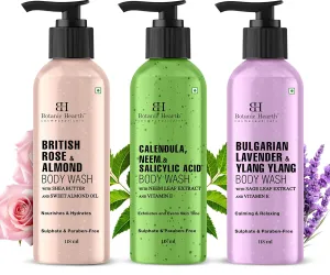 Botanic Hearth Relax and Renew shower set - Pack of 3 of Body Wash ( British Rose,Lavender , Calendula Neem) 2 fl oz each