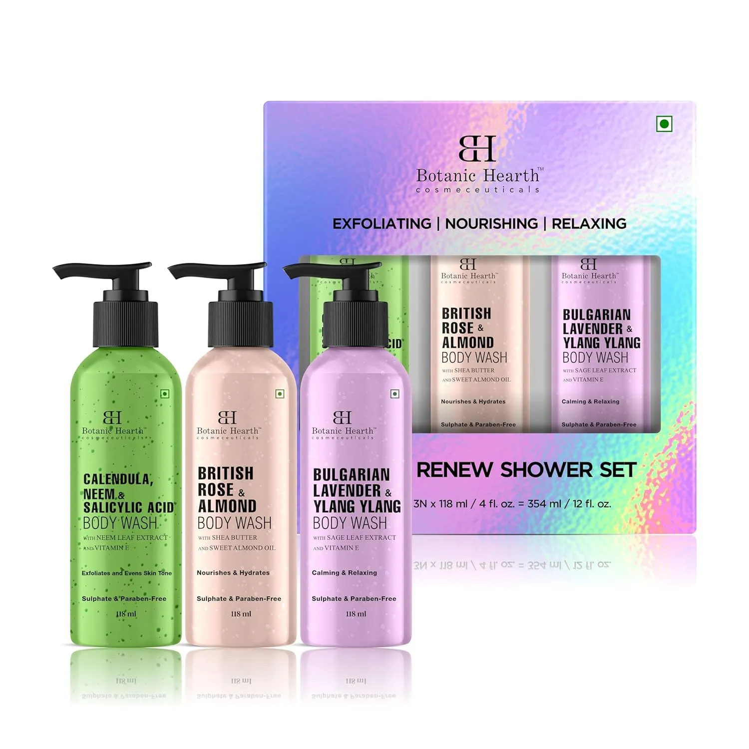 Botanic Hearth Relax and Renew shower set - Pack of 3 of Body Wash ( British Rose,Lavender , Calendula Neem) 2 fl oz each