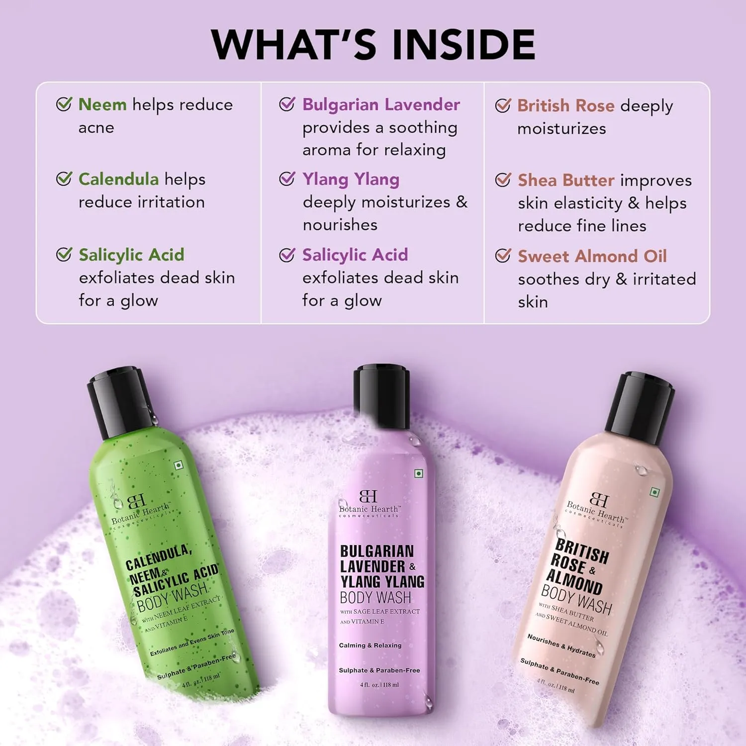 Botanic Hearth Relax and Renew shower set - Pack of 3 of Body Wash ( British Rose,Lavender , Calendula Neem) 2 fl oz each