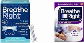 Breathe Right Original Nasal Strips Clear Sm/Med & Nasal Strips Lavender Scent Extra Strength Tan Nasal Strips